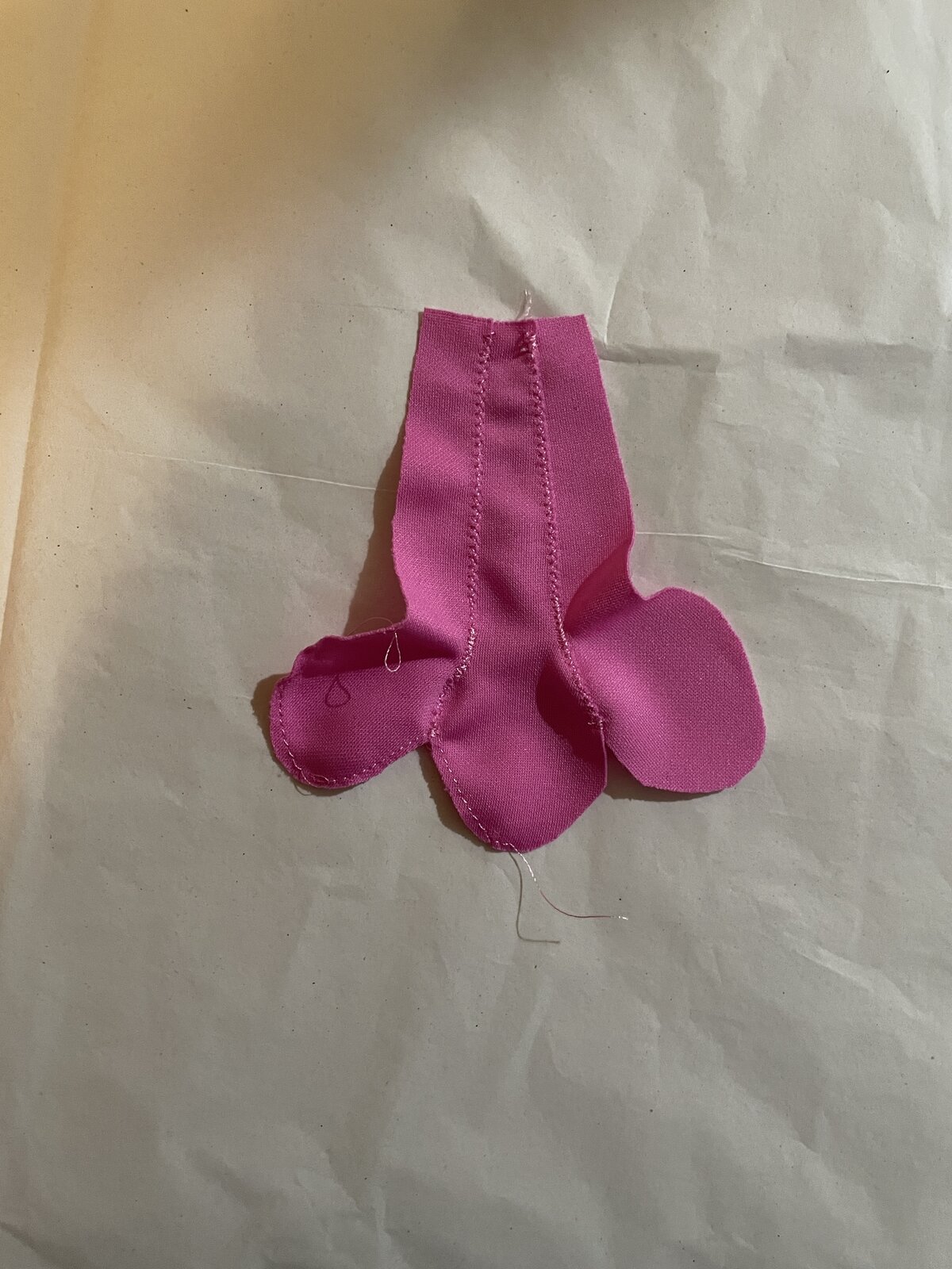 First flower prototype, pink silk petal construction